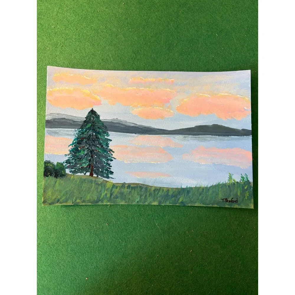 Hand painted gouache original painting landscape with water